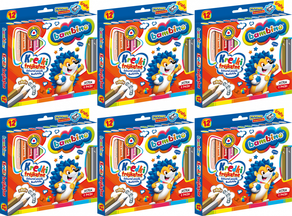 6x Kredki Bambino Zwierzaki Uczniaki, w oprawie drewnianej, trójkątne, 12 sztuk + temperówka, mix kolorów