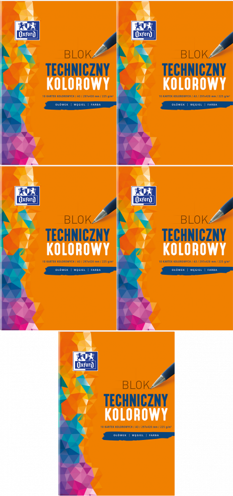 5x Blok techniczny Oxford, A3, 10 kartek, kolorowy, barwiony w masie