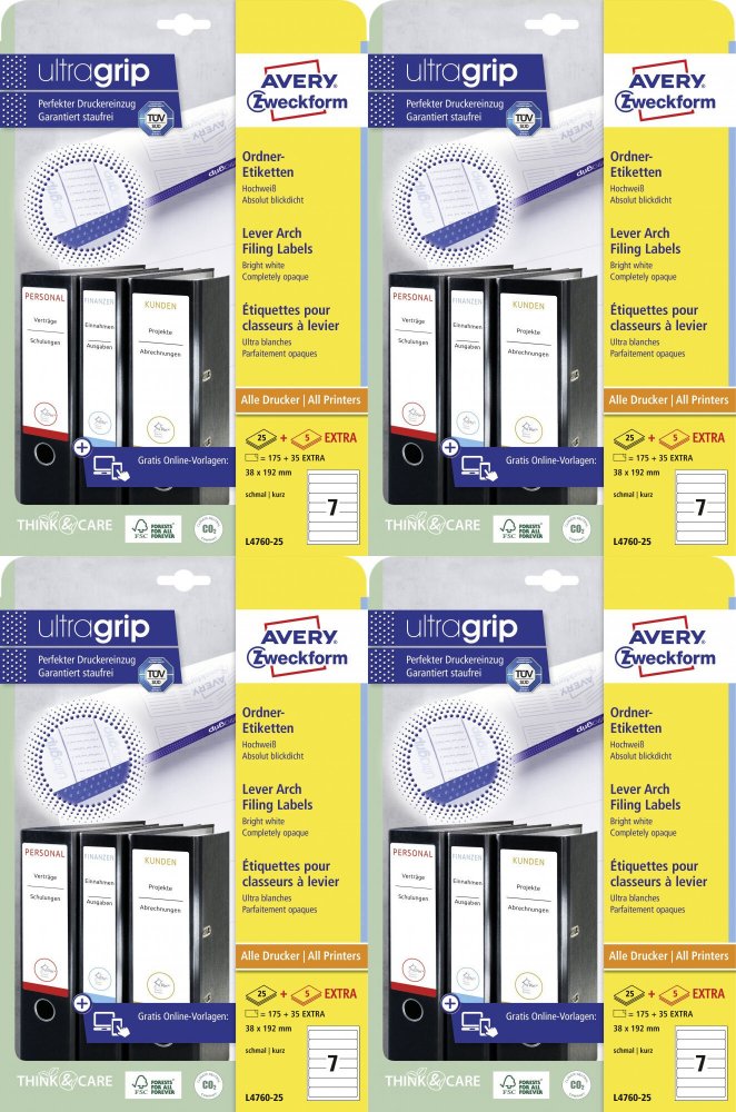 4x Etykiety do segregatorów Avery Zweckform, samoprzylepne, wąskie, 38x192mm, 25 arkuszy + 5 gratis, biały