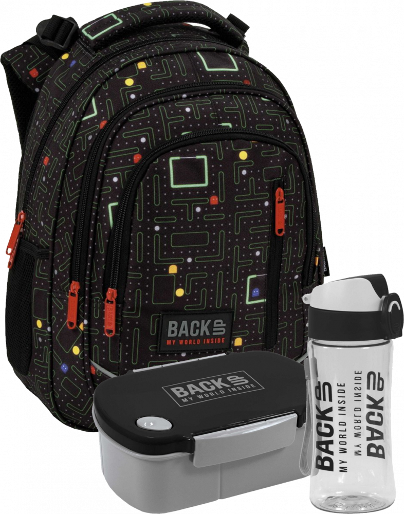 Zestaw: Plecak szkolny BackUP 5 model R 102 + Lunchbox BackUP 5, bez BPA, 3 komory + Bidon BackUP 6, model A 56, 400ml, czarno-szary