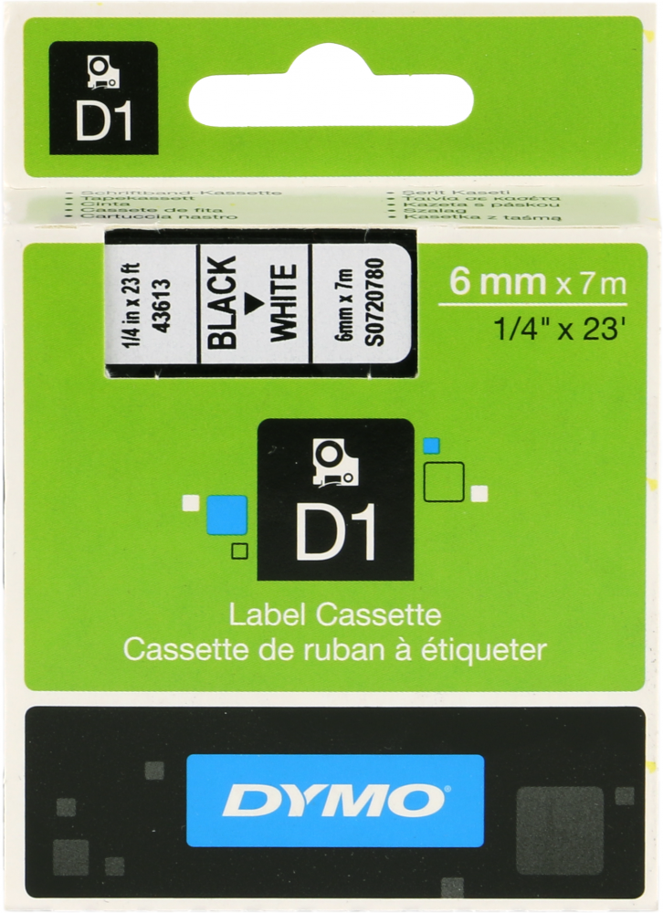 Taśma do drukarek etykiet Dymo D1, 6mmx7m, nadruk czarny, taśma biała
