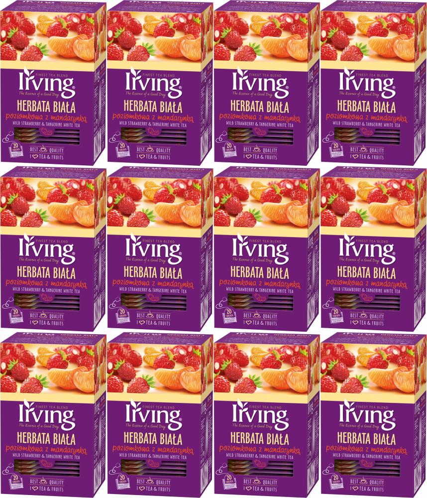 12x Herbata biała smakowa w kopertach Irving, poziomka z mandarynką, 20 sztuk x 1.5g