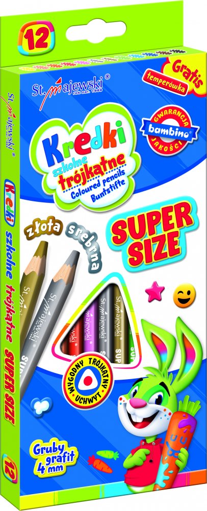 Kredki Bambino Super Size Zwierzaki Uczniaki, trójkątne, 12 sztuk + temperówka, mix kolorów