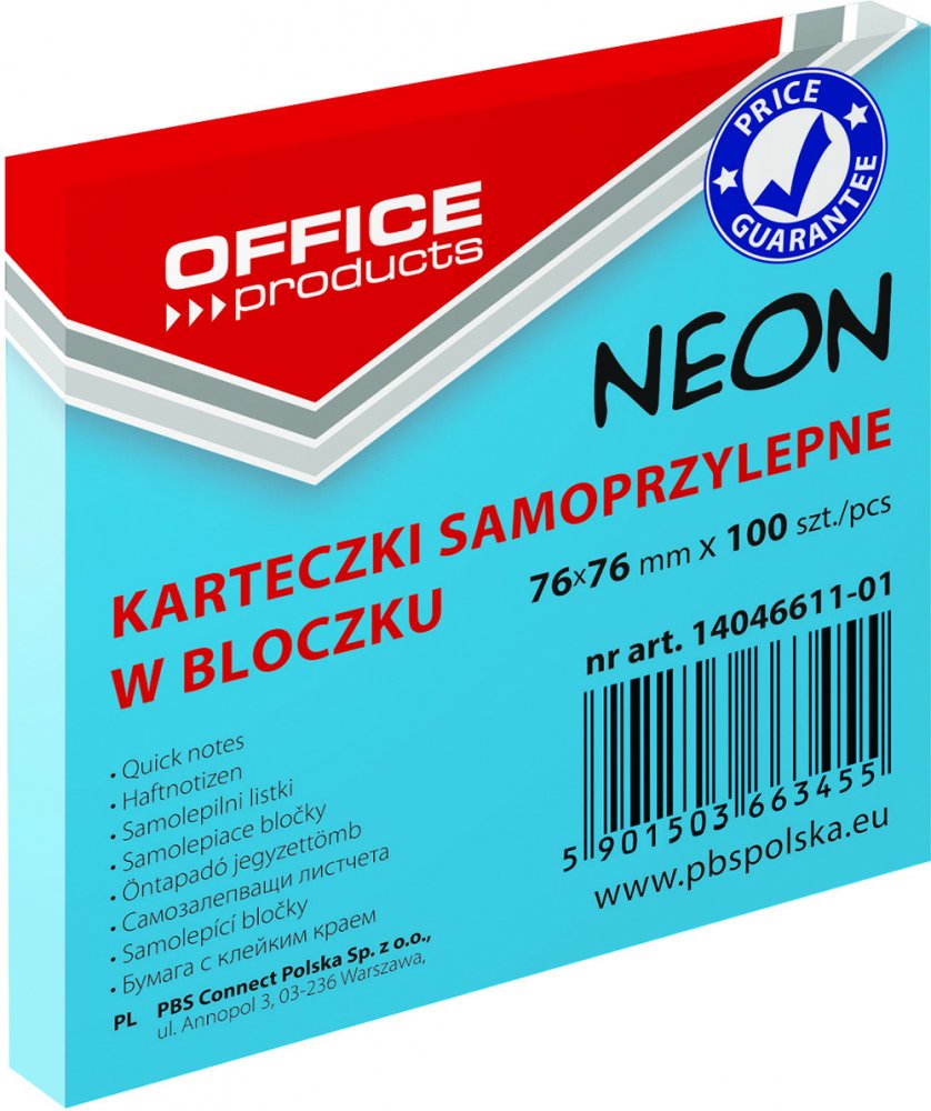 Karteczki samoprzylepne Office Products, 76x76mm, 100 karteczek, neonowy niebieski