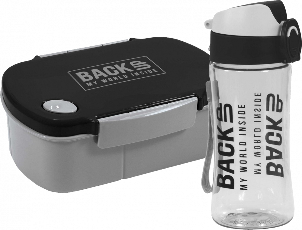 Zestaw: Lunchbox BackUP 5, bez BPA, 3 komory + Bidon BackUP 6, model A 56, 400ml, czarno-szary