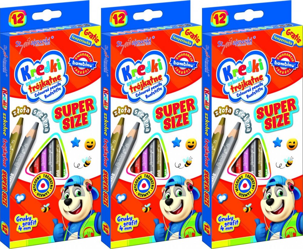 3x Kredki Bambino Super Size Zwierzaki Uczniaki, trójkątne, 12 sztuk + temperówka, mix kolorów