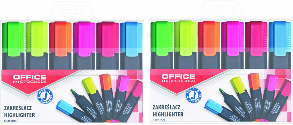 2x zakreślacz Office Products, ścięta, 6 sztuk, mix kolorów fluorescencyjnych