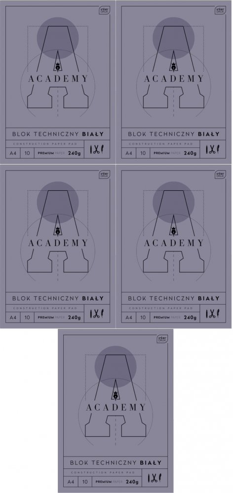 5x Blok techniczny Interdruk Academy, A4, 10 kartek, biały