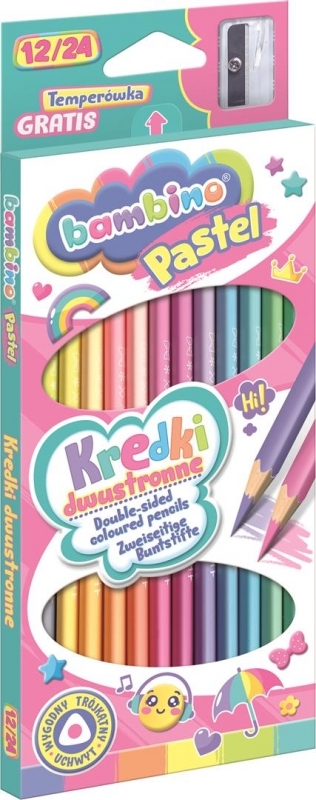 Kredki Bambino Pastel, dwustronne, trójkątne, 12 sztuk + temperówka, mix kolorów