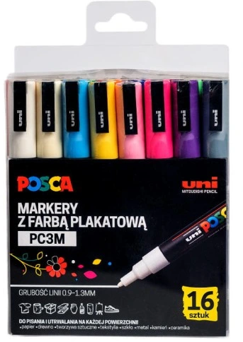 Marker Posca PC-3M, z farbą plakatową, okrągła, 16 sztuk, mix kolorów