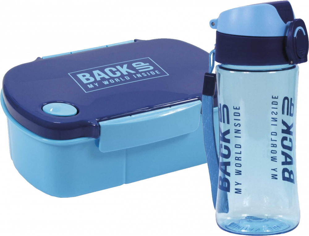 Zestaw: Lunchbox BackUP 5, bez BPA, 3 komory + Bidon BackUP 6, model A 58, 400ml, granatowo-niebieski