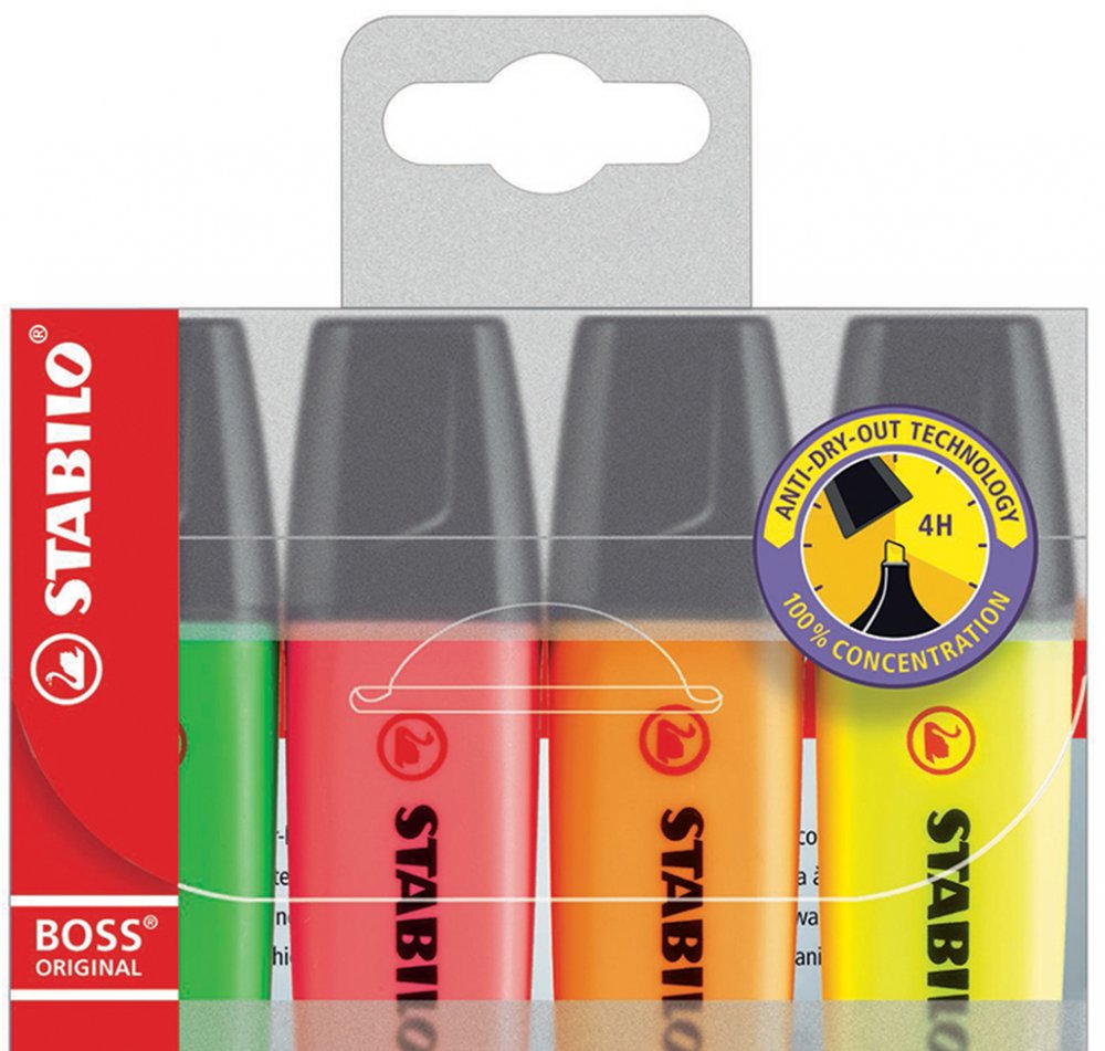 Zakreślacz Stabilo Boss Original, ścięta, 4 sztuki, mix kolorów