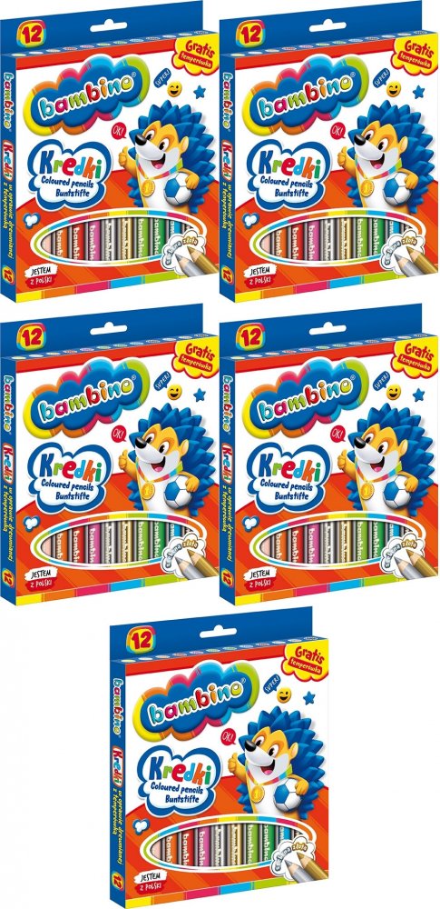 5x Kredki Bambino Zwierzaki Uczniaki, w oprawie drewnianej, 12 sztuk + temperówka, mix kolorów