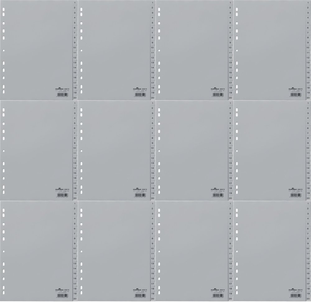 12x Przekładki do segregatora Durable, plastikowe, numeryczne, A4, 1-20 kart, szary