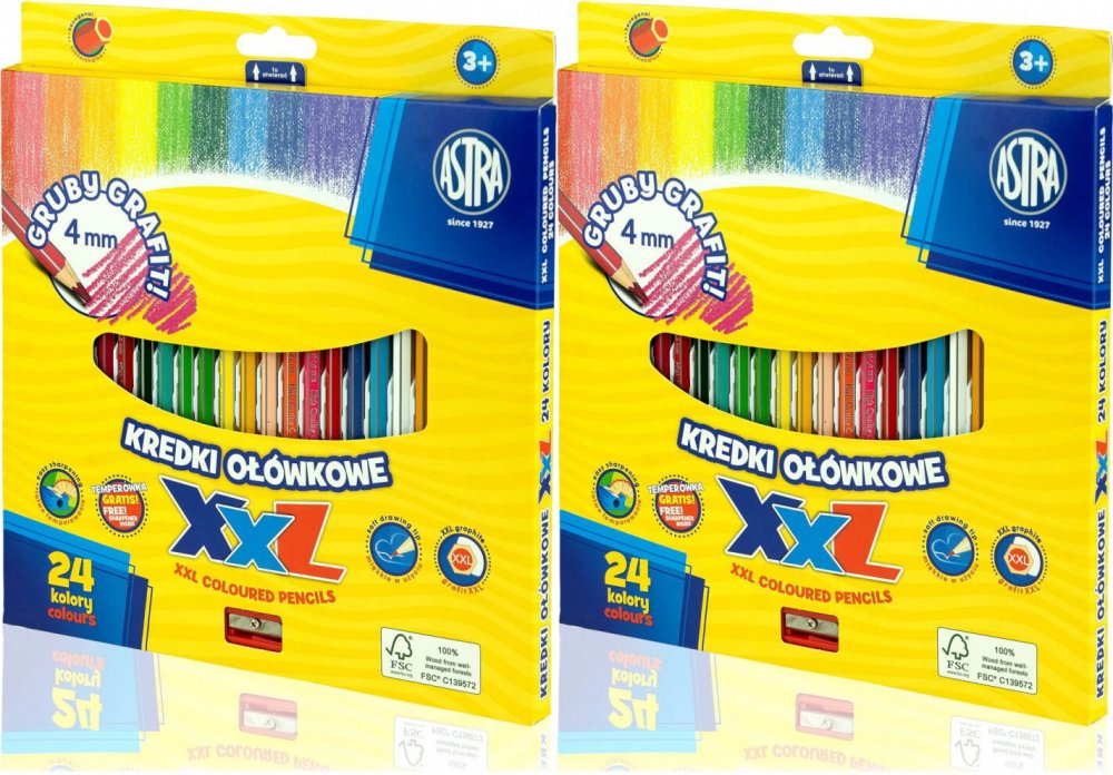 2x Kredki ołówkowe Astra, heksagonalne, gruby grafit, 24 kolory + temperówka