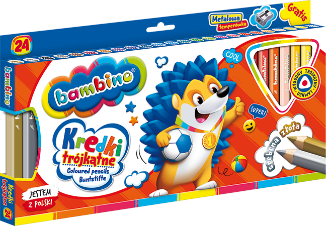 Kredki Bambino Zwierzaki Uczniaki, w oprawie drewnianej, trójkątne, 24 sztuki + temperówka, mix kolorów