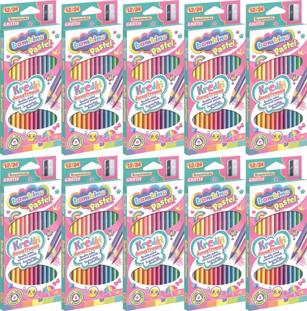 10x Kredki Bambino Pastel, dwustronne, trójkątne, 12 sztuk + temperówka, mix kolorów