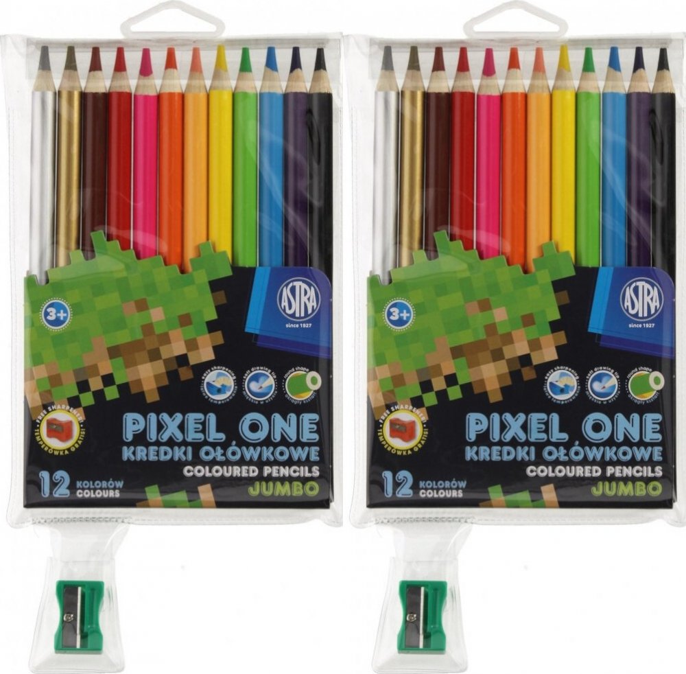 2x Kredki ołówkowe Astrakids Pixel One Jumbo okrągłe, 12 kolorów + temperówka