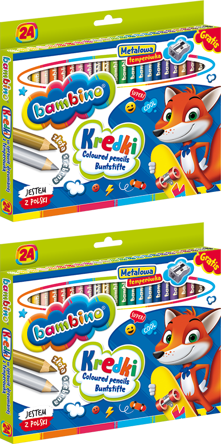 2x Kredki Bambino Zwierzaki Uczniaki, w oprawie drewnianej, 24 sztuki + temperówka, mix kolorów