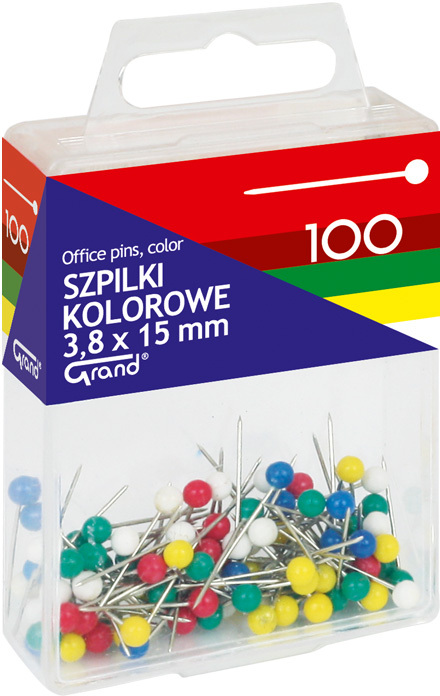 Szpilki Grand, w pudełku, 3.8x15mm, 100 sztuk, mix kolorów