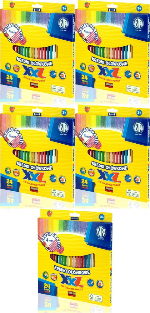 5x Kredki ołówkowe Astra, heksagonalne, gruby grafit, 24 kolory + temperówka