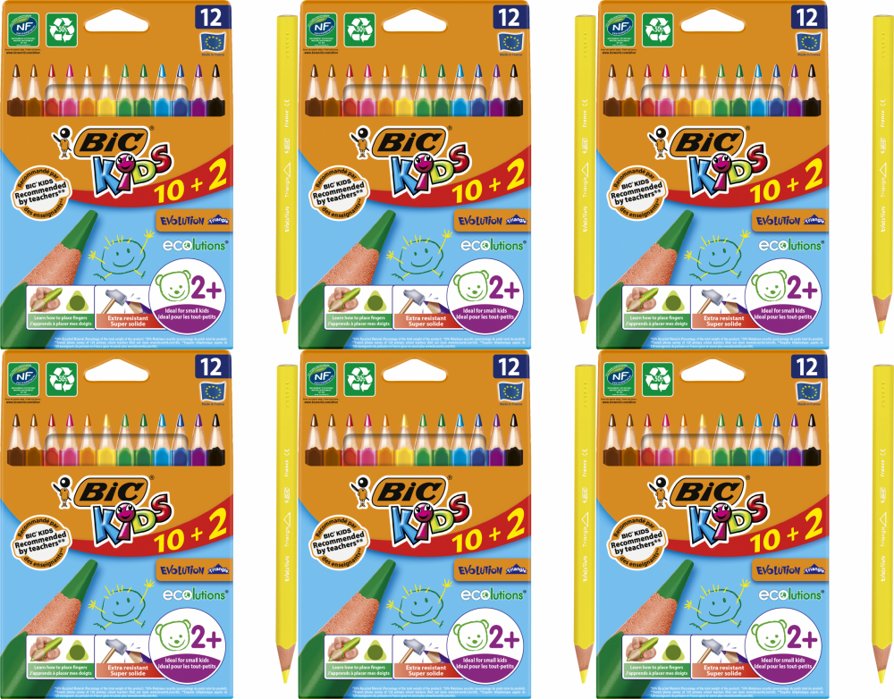 6x Kredki ołówkowe BIC Kids Evolution Triangle ECOlutions, 10+2 sztuki, mix kolorów