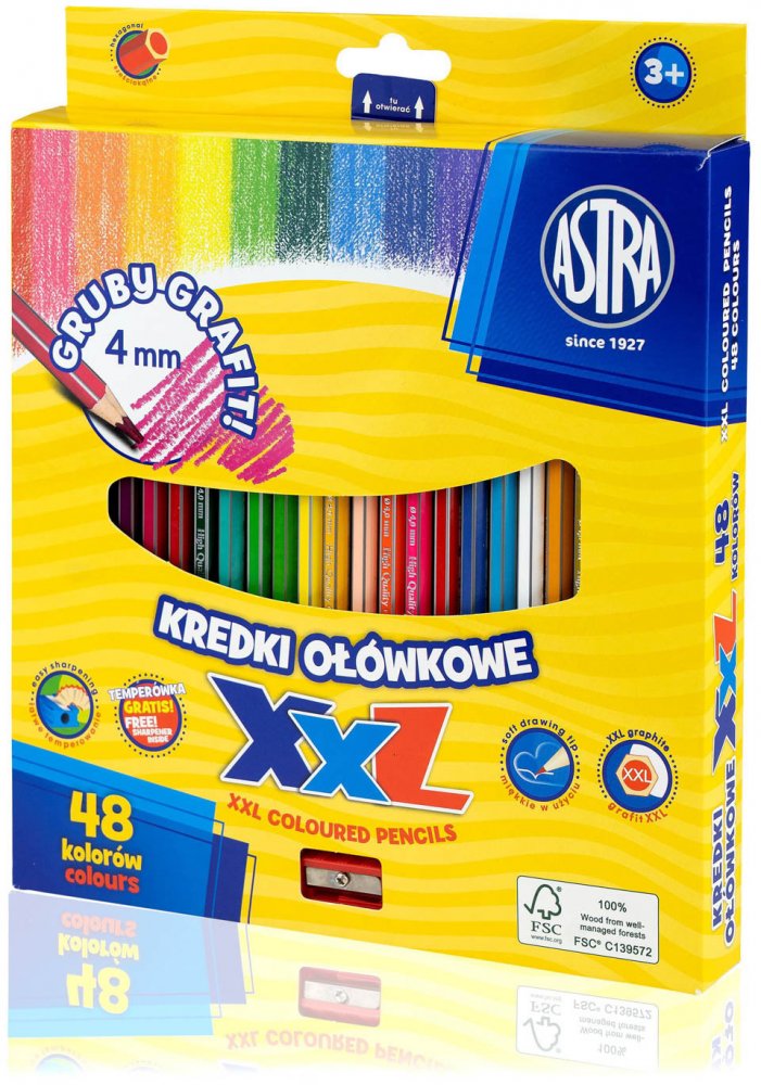 Kredki ołówkowe Astra, heksagonalne, gruby grafit, 48 kolorów + temperówka