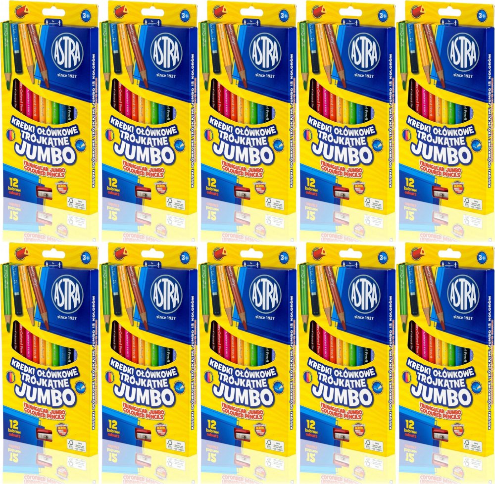 10x Kredki ołówkowe trójkątne Astra Jumbo, z temperówką, 12 sztuk, mix kolorów