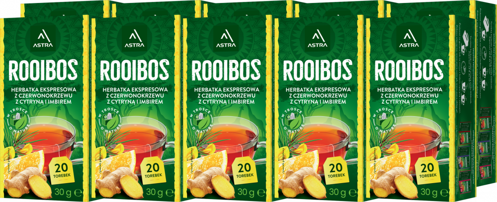 10x Herbata Rooibos w torebkach Astra, cytryna i imbir, 20 sztuk x 1.5g