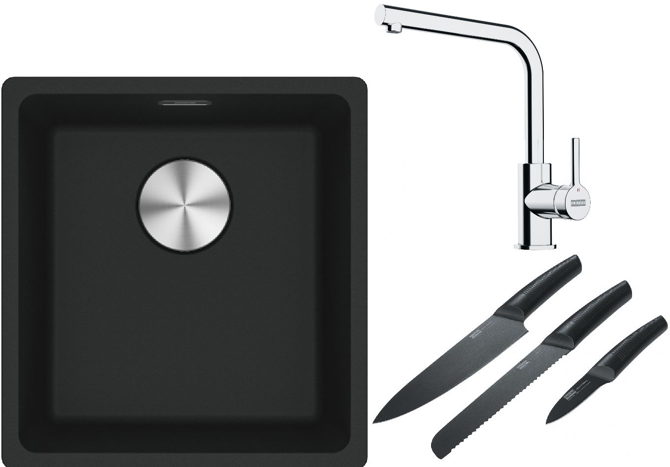 Franke Maris MRG 110-37 zlewozmywak 40x37 cm Fragranite czarny mat z baterią kuchenną Lina chrom i zestawem noży kuchennych (1250687248, ...
