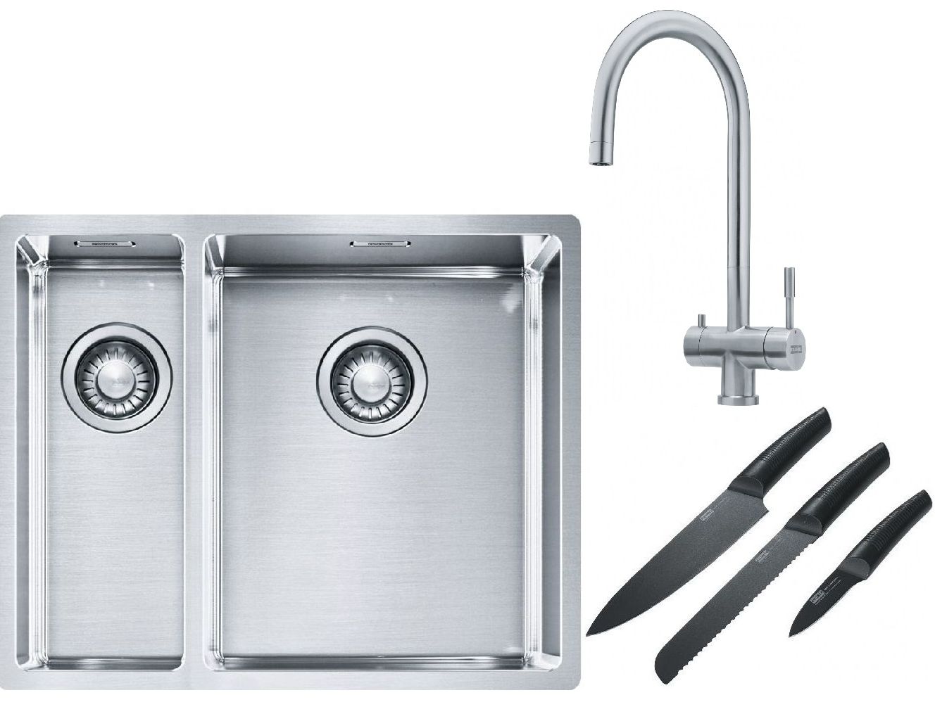 Franke Box BXX 260/160-34-16 zlewozmywak 56x45 cm stalowy z baterią kuchenną Eos stal szlachetna i zestawem noży kuchennych (1270369916, ...