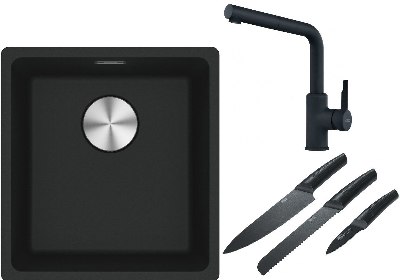 Franke Maris MRG 110-37 zlewozmywak 40x37 cm Fragranite z baterią kuchenną Urban czarny mat i zestawem noży kuchennych (1250687248, ...