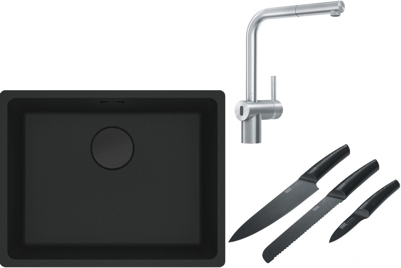 Franke Maris MRG 110-52 zlewozmywak 52x40 cm Fragranite czarny mat z baterią kuchenną Atlas Neo Sensor stal szlachetna i zestawem noży ...
