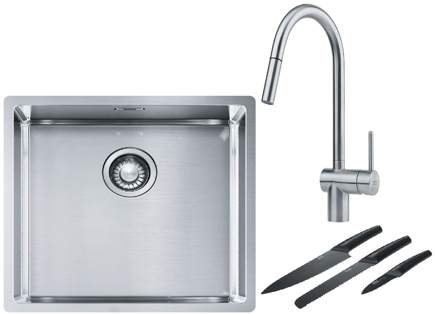 Franke Box BXX 210/110-45 zlewozmywak 49x45 cm stalowy z baterią kuchenną Leda Neo stal szlachetna i zestawem noży kuchennych ...