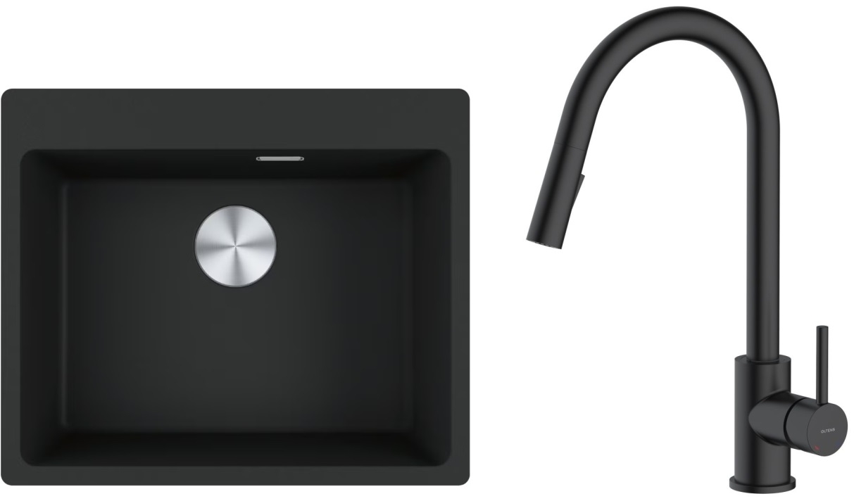 Zestaw Franke Maris MRG 610-54 FTL zlewozmywak 59x50 cm z baterią kuchenną Oltens Litla czarny mat (1140661794, 35204300) - Wysyłka w 24h