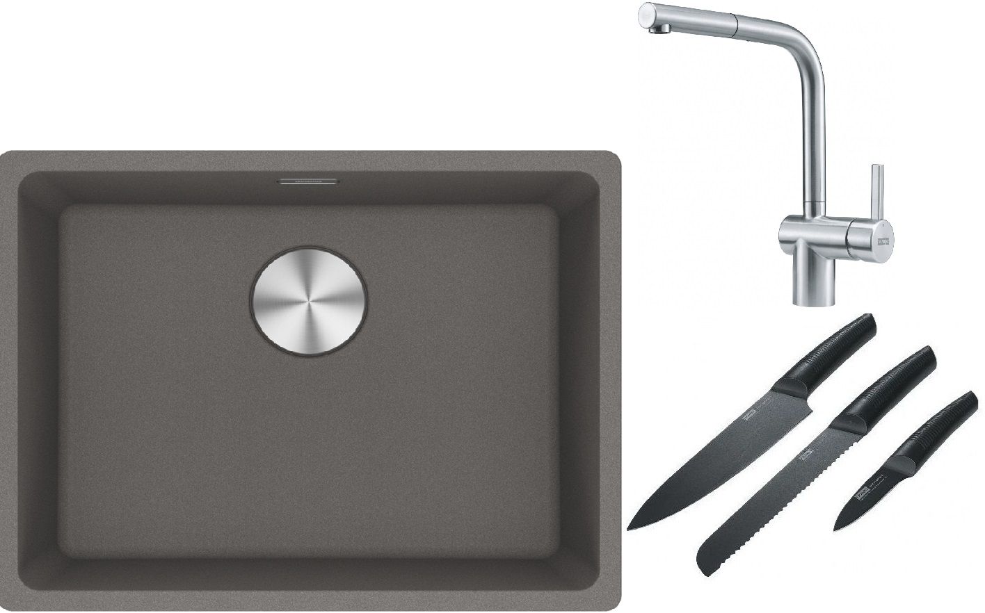 Franke Maris MRG 110-52 zlewozmywak 55x43 cm Fragranite kamienny szary z baterią kuchenną Atlas stal szlachetna i zestawem noży ... - Wysyłka w 24h