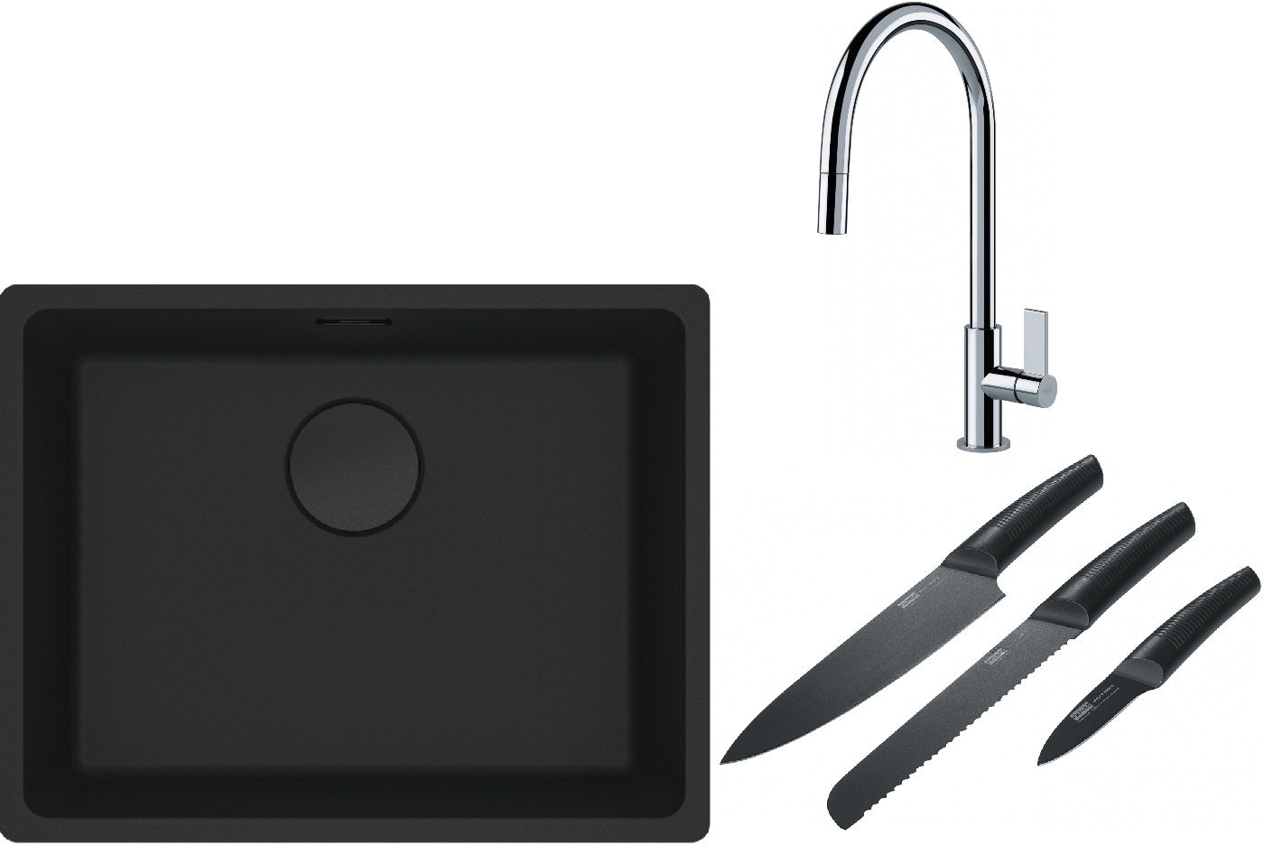 Franke Maris MRG 110-52 zlewozmywak 52x40 cm Fragranite czarny mat z baterią kuchenną Ambient chrom i zestawem noży kuchennych ...