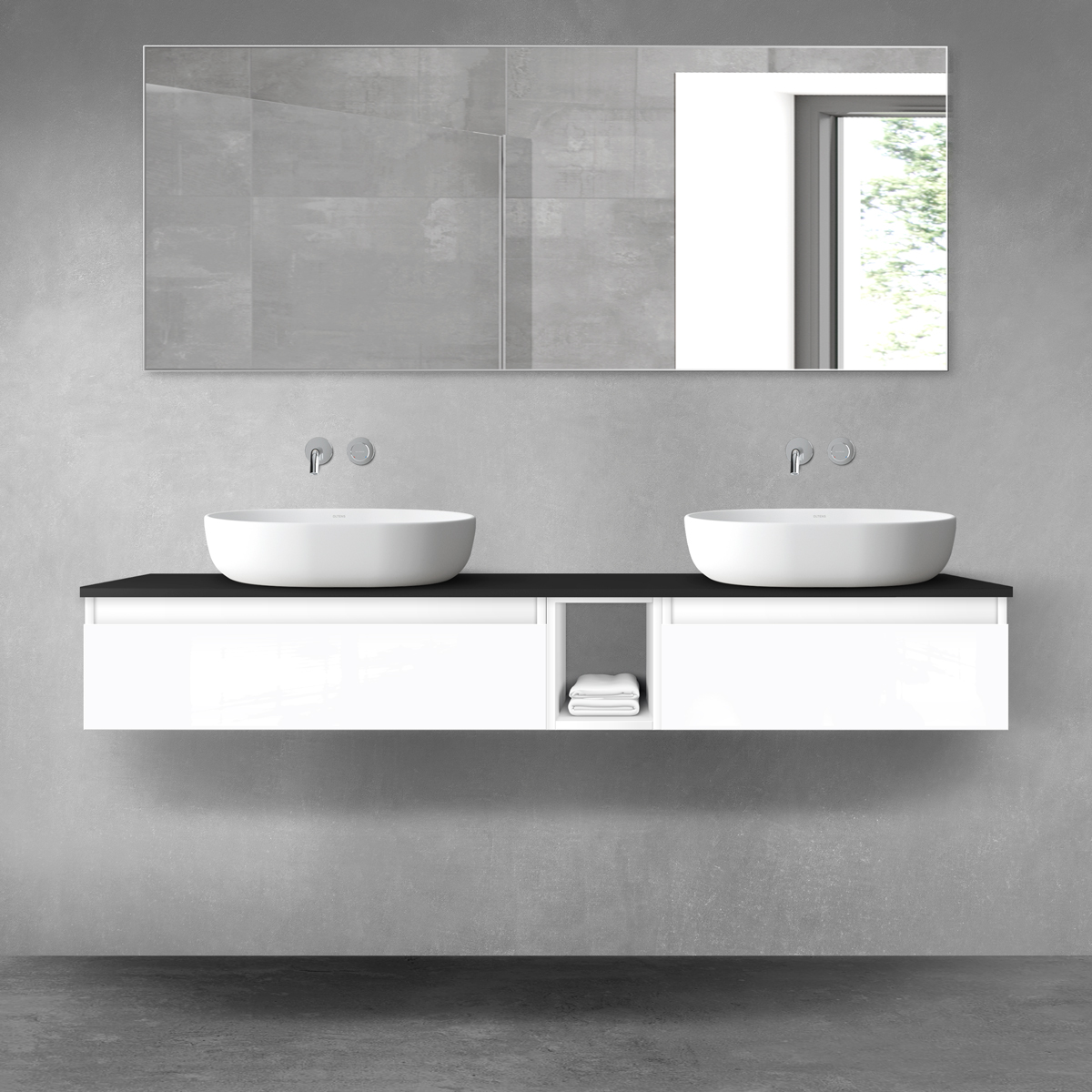 Oltens Vernal zestaw mebli łazienkowych 160 cm z blatem biały połysk/czarny mat 68656000 - Wysyłka w 24h
