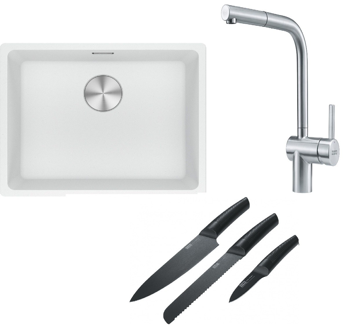 Franke Maris MRG 110-52 zlewozmywak 52x40 cm Fragranite biały polarny z baterią kuchenną Atlas stal szlachetna i zestawem noży ... - Wysyłka w 24h