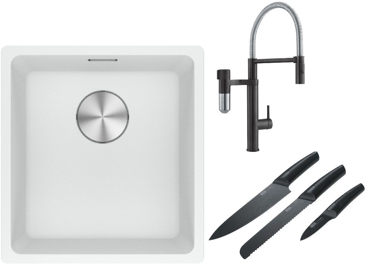 Franke Maris MRG 110-37 zlewozmywak 40x37 cm Fragranite biały polarny z baterią kuchenną Vital Semi-Pro czarny mat/stal i zestawem noży ...