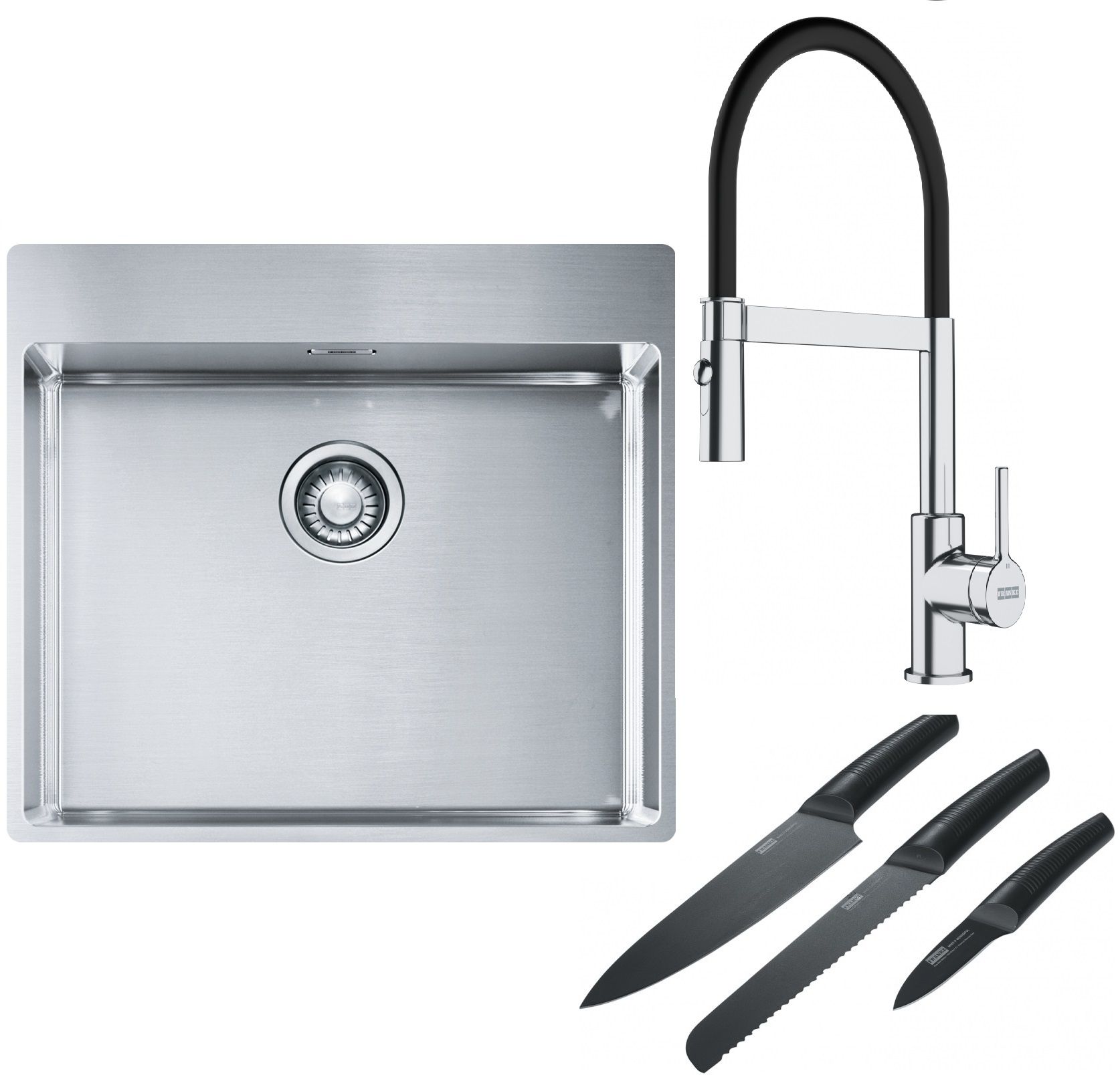 Franke Box BXX 210-54 TL zlewozmywak 57x51 cm stalowy z baterią kuchenną Lina chrom/czarny i zestawem noży kuchennych (1270369295, ... - Wysyłka w 24h