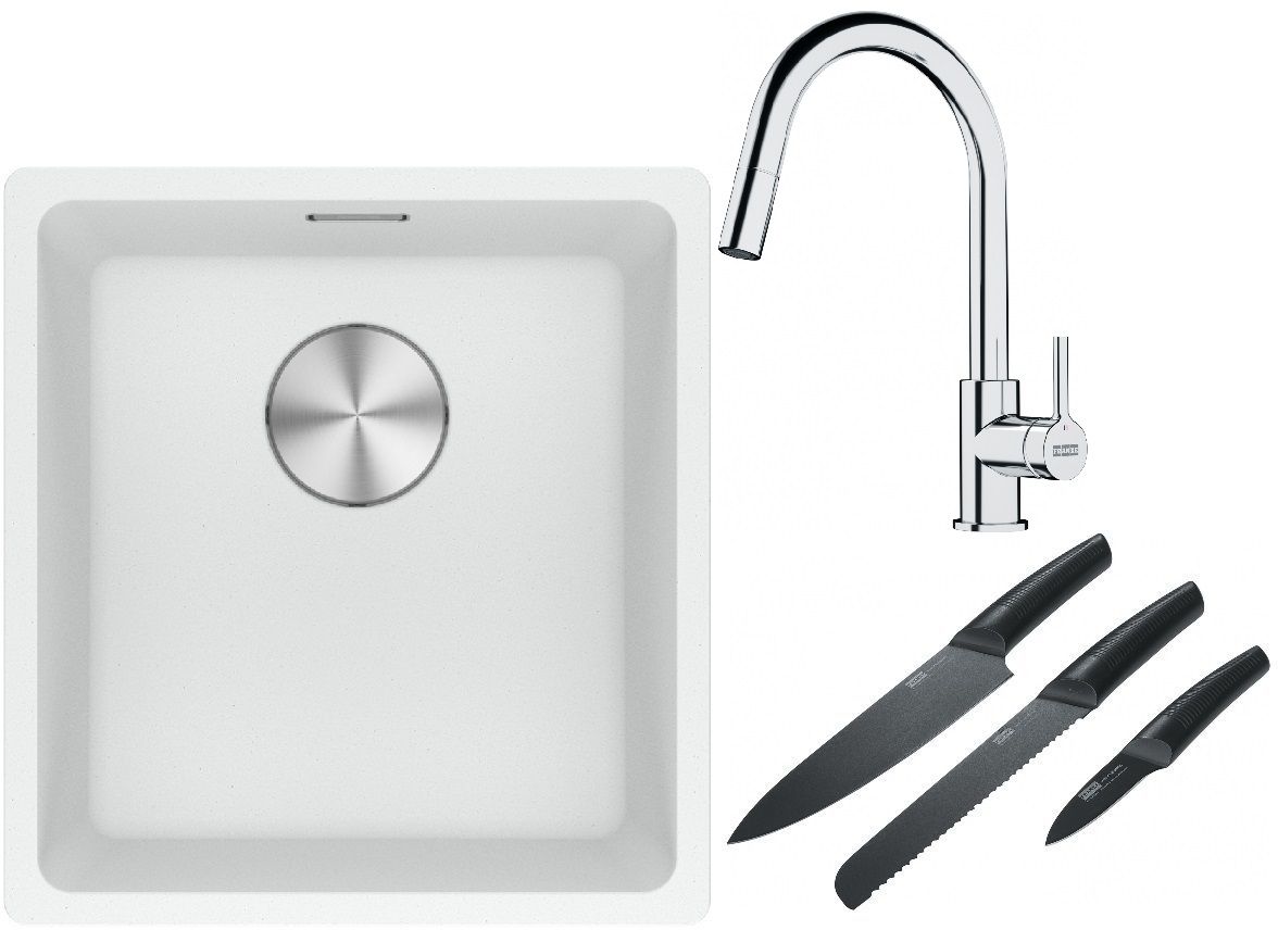 Franke Maris MRG 110-37 zlewozmywak 40x37 cm Fragranite biały polarny z baterią kuchenną Lina chrom i zestawem noży kuchennych ... - Wysyłka w 24h