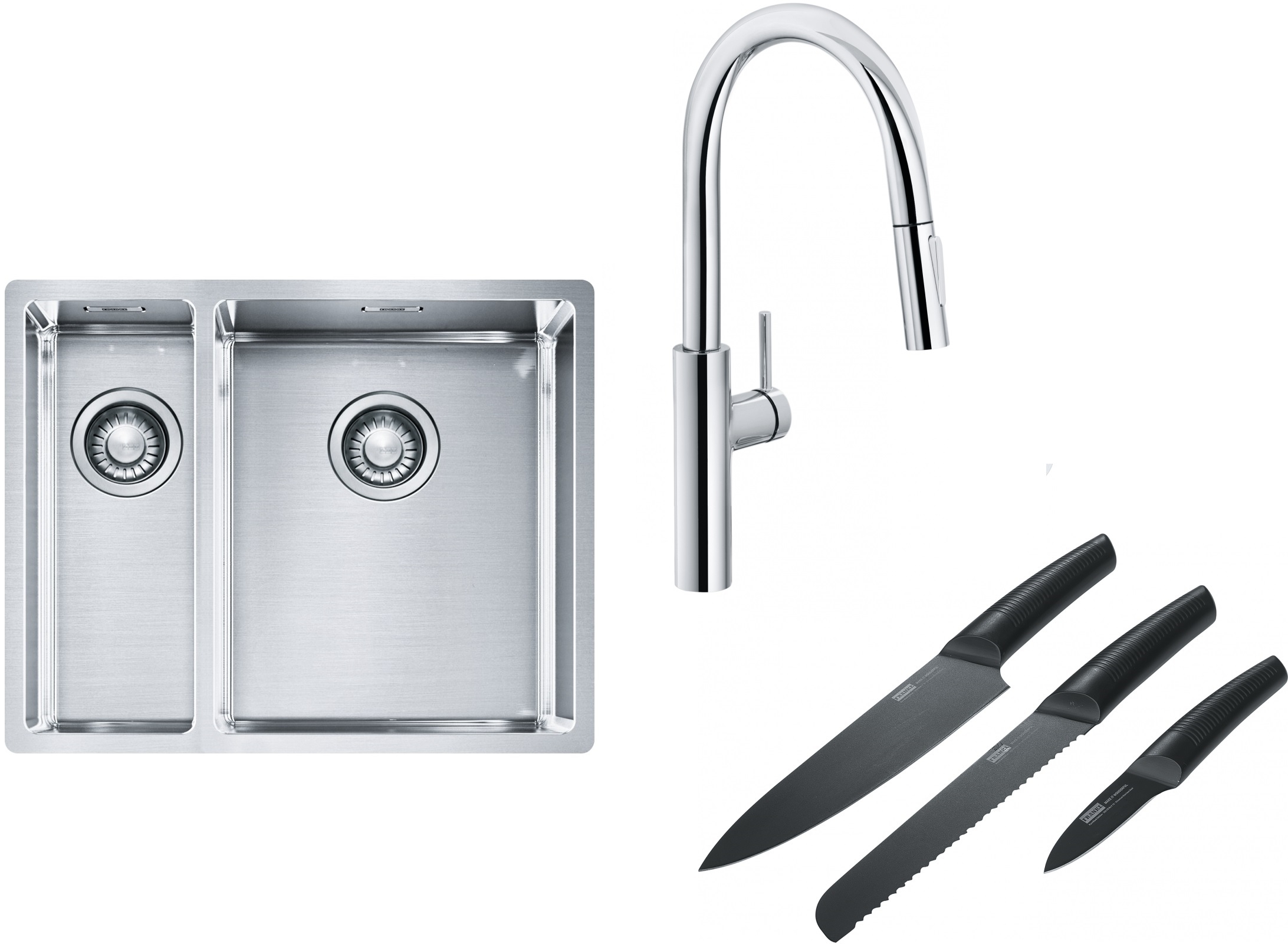 Franke Box BXX 260/160-34-16 zlewozmywak 56x45 cm stalowy z baterią kuchenną Pescara L Slide-In chrom i zestawem noży kuchennych ... - Wysyłka w 24h