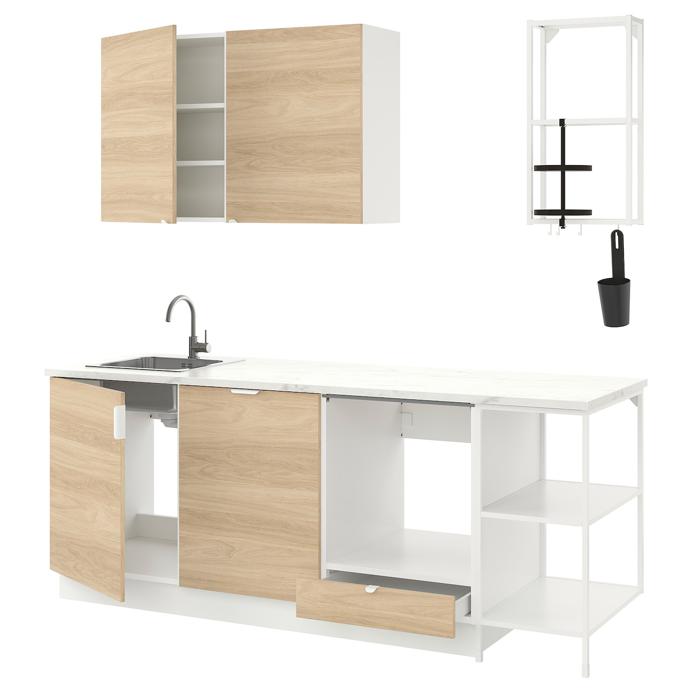 IKEA ENHET kuchnia, biały/imit. dębu, 223x63.5x222 cm