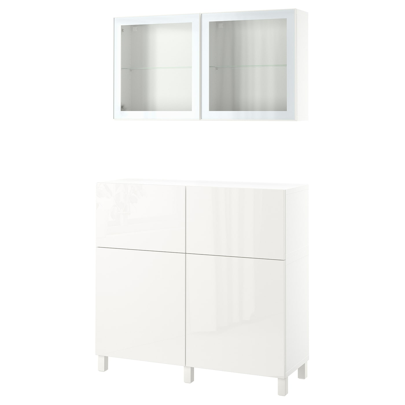IKEA BESTÅ kombinacja regałowa z drzw/szuf, biały/Selsviken/Stubbarp wysoki połysk biały szkło bezbarwne, 120x42x213 cm