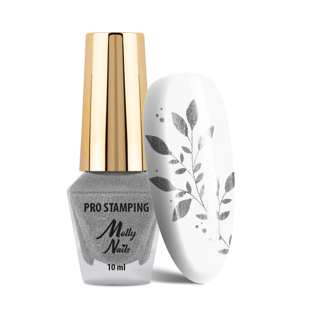 Lakier do stempli i stampingu Molly Nails PRO Stamping srebrny silver 10ml + stempel ze ściągaczką GRATIS