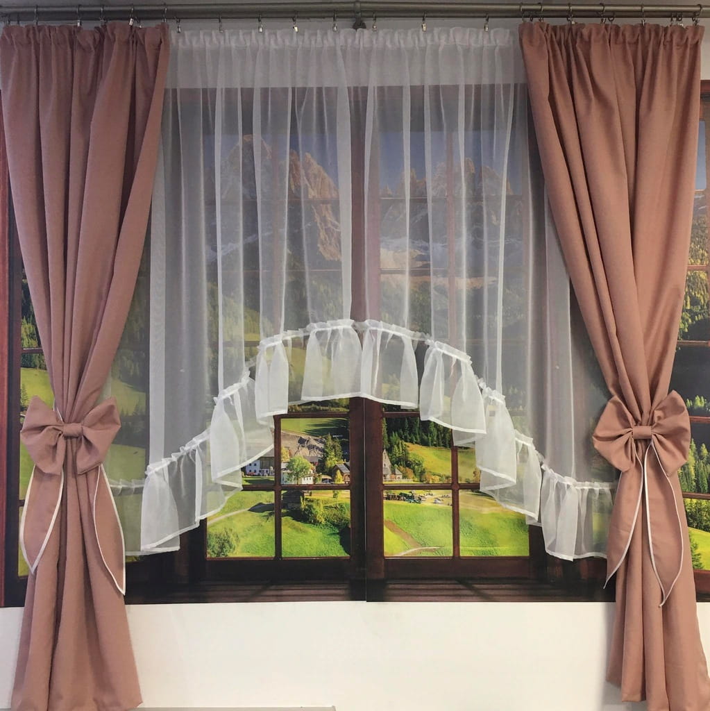 Komplet firanka i zasłonki z kokardami do salonu 160x300 cm kokardy woal