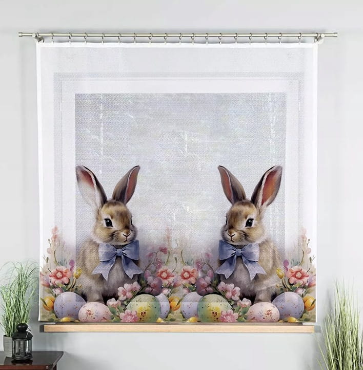 Firana świąteczna na wielkanoc Króliki woalowa z taśmą 160x140 pisanki