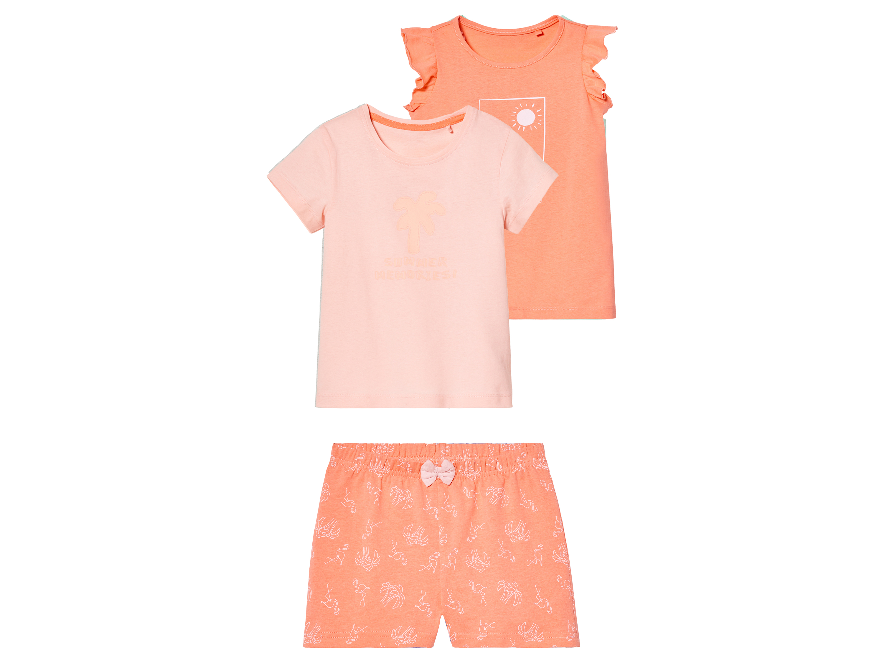 lupilu Komplet dziecięcy z bawełną t-shirt + top + spodenki 98 - 104, Różowy/morelowy