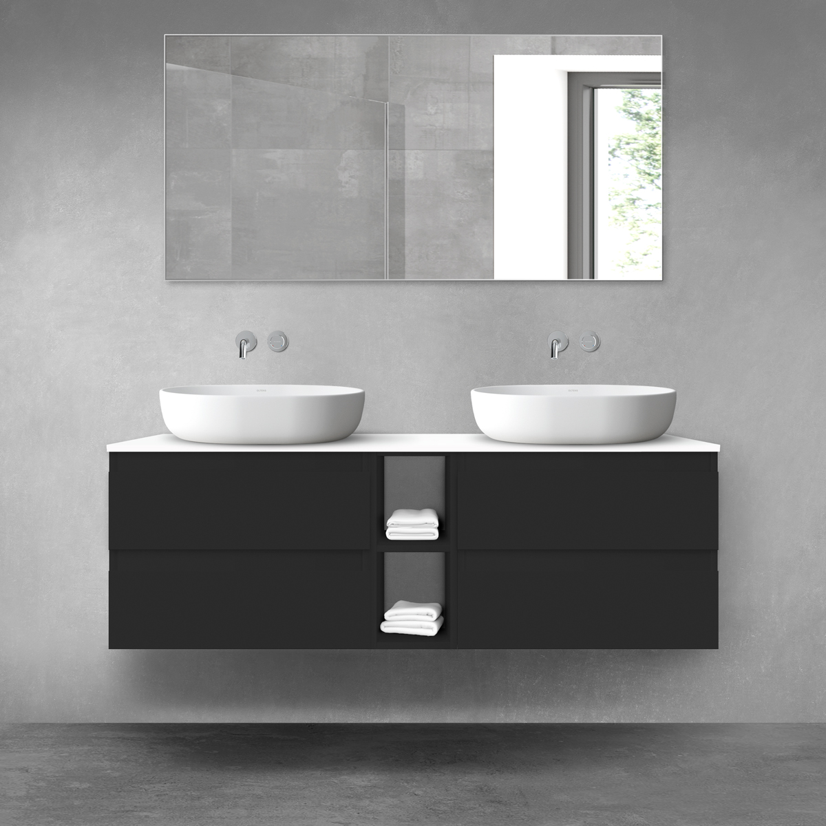 Darmowa Dostawa - Zestaw mebli łazienkowych 140x46.4x48.6 cm podumywalkowa wisząca biała-czarna Oltens Vernal 68627300